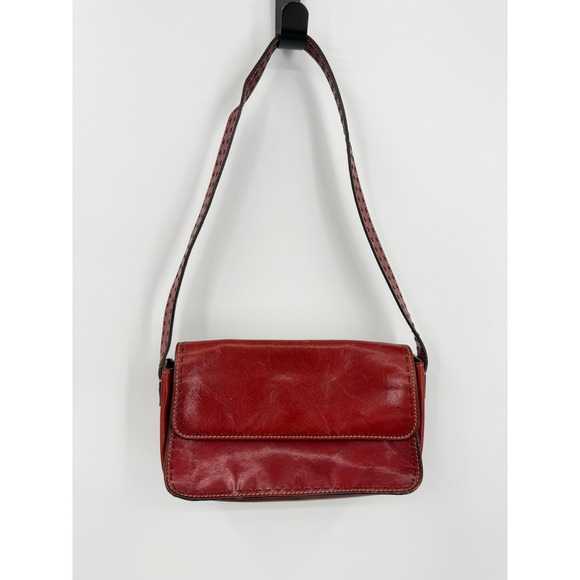 Fossil Handbags - Fossil Vintage Leather Shoulder Bag Womens Small Red Whipstitch Flap Baguette